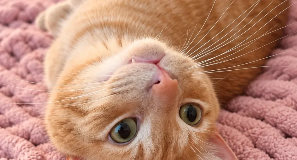 Carrot, an orange tabby cat, rolling playfully on a pink knit blanket