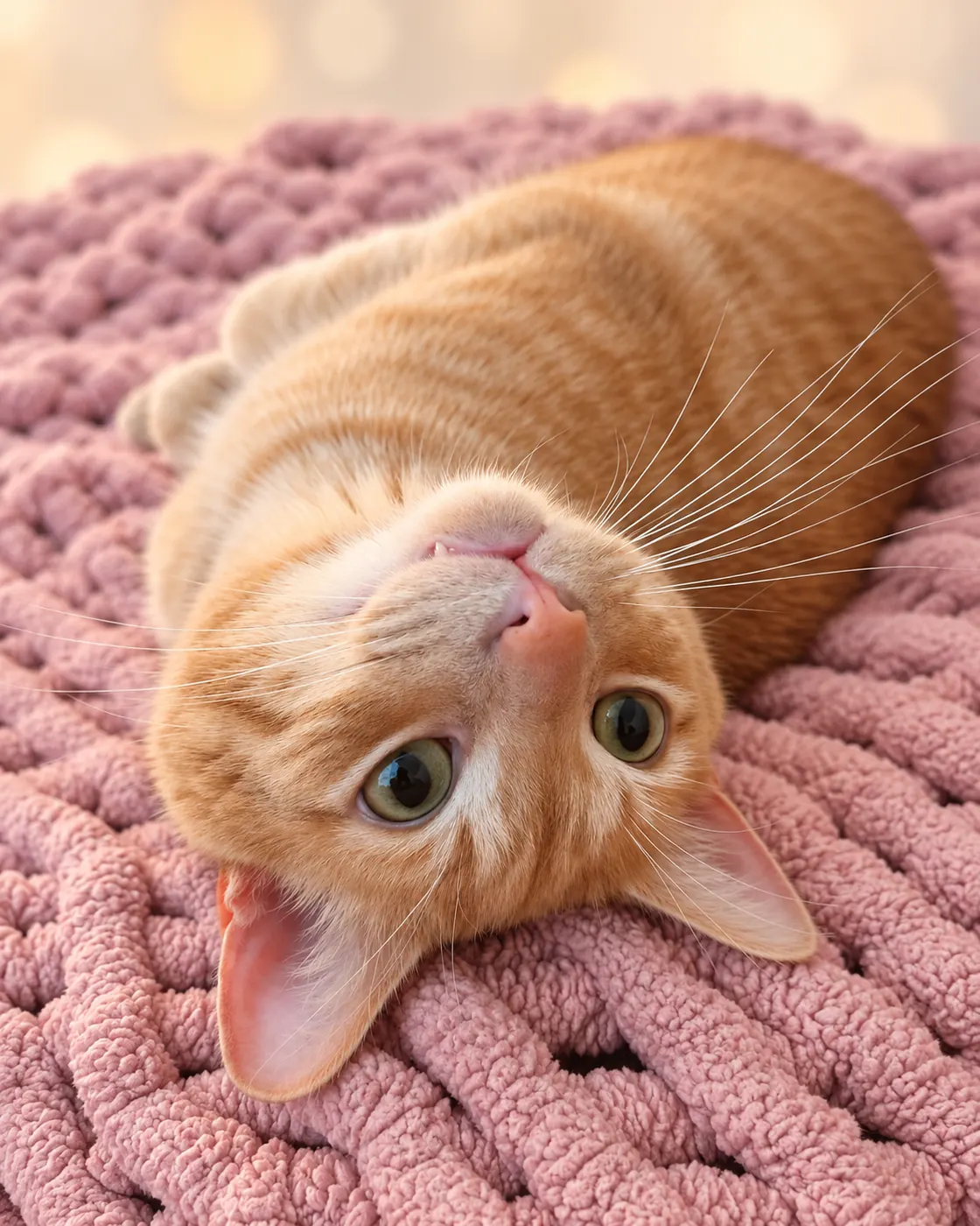 Carrot, an orange tabby cat, relaxing on a pink knit blanket