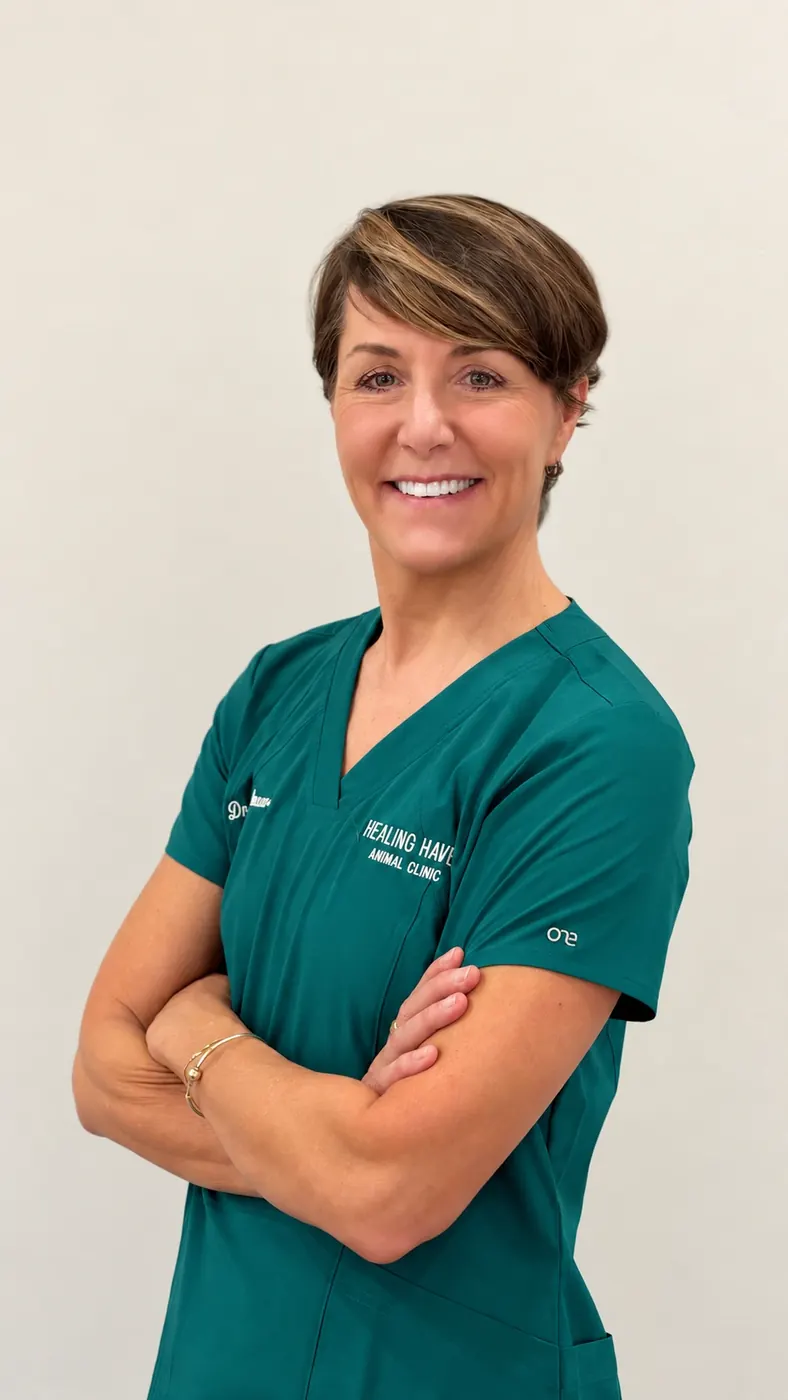 Dr. Chrysa Dunser smiling with arms crossed in teal Healing Haven Animal Clinic scrubs