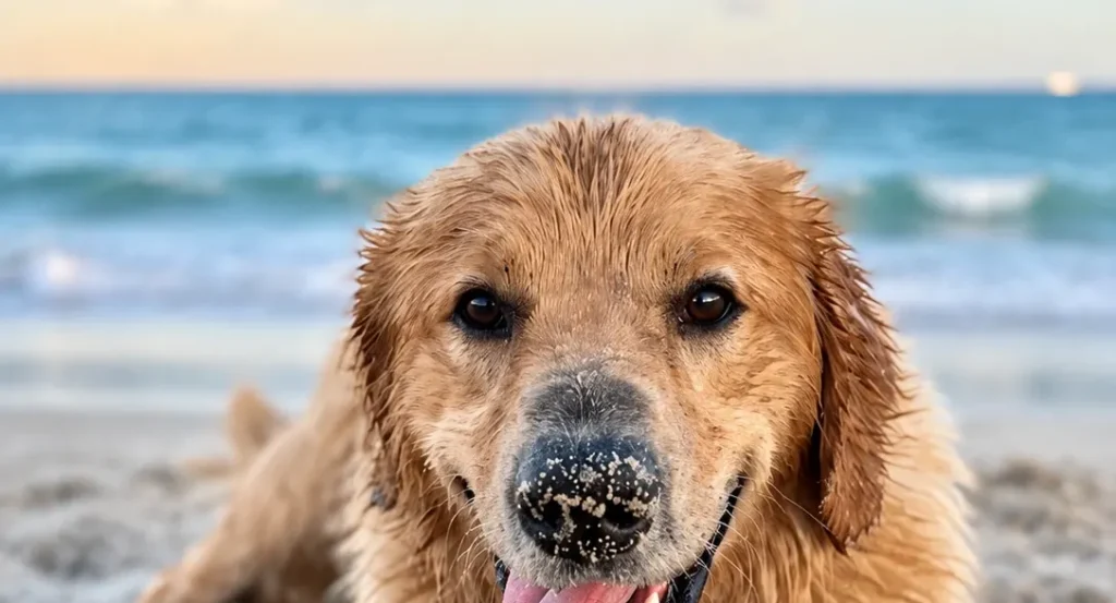 Golden retriever lying in the sand at the beach with an orange ball