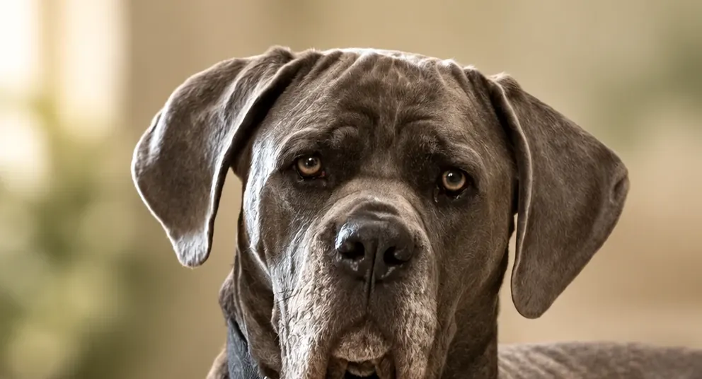 Noble, a grey cane corso, resting calmly on a blanket