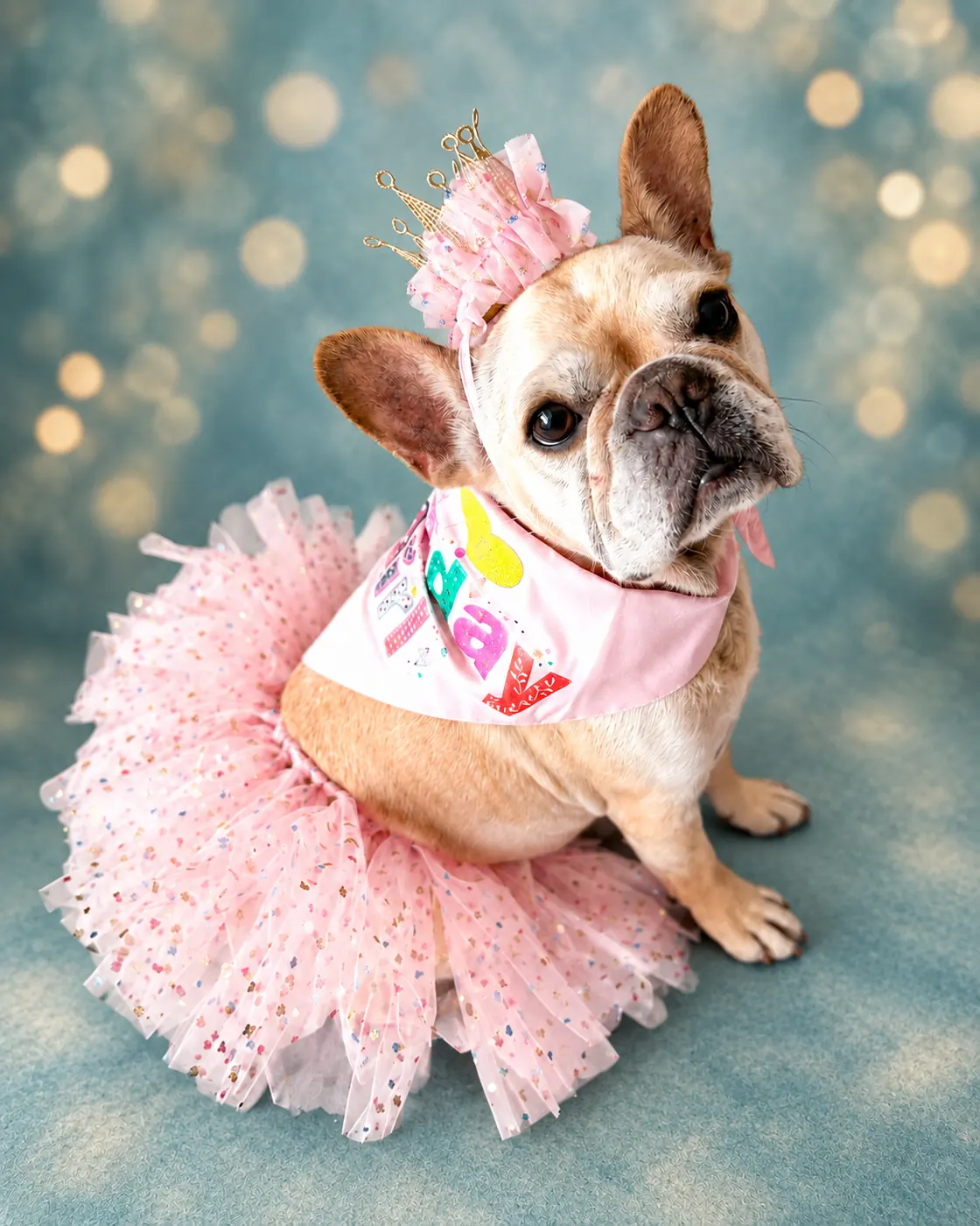 Petunia, a French bulldog, dressed for a birthday in a pink tutu