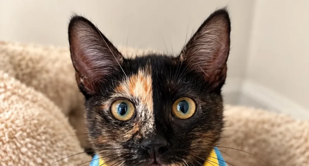 Tortoiseshell cat in a colorful sweater resting in a plush bed