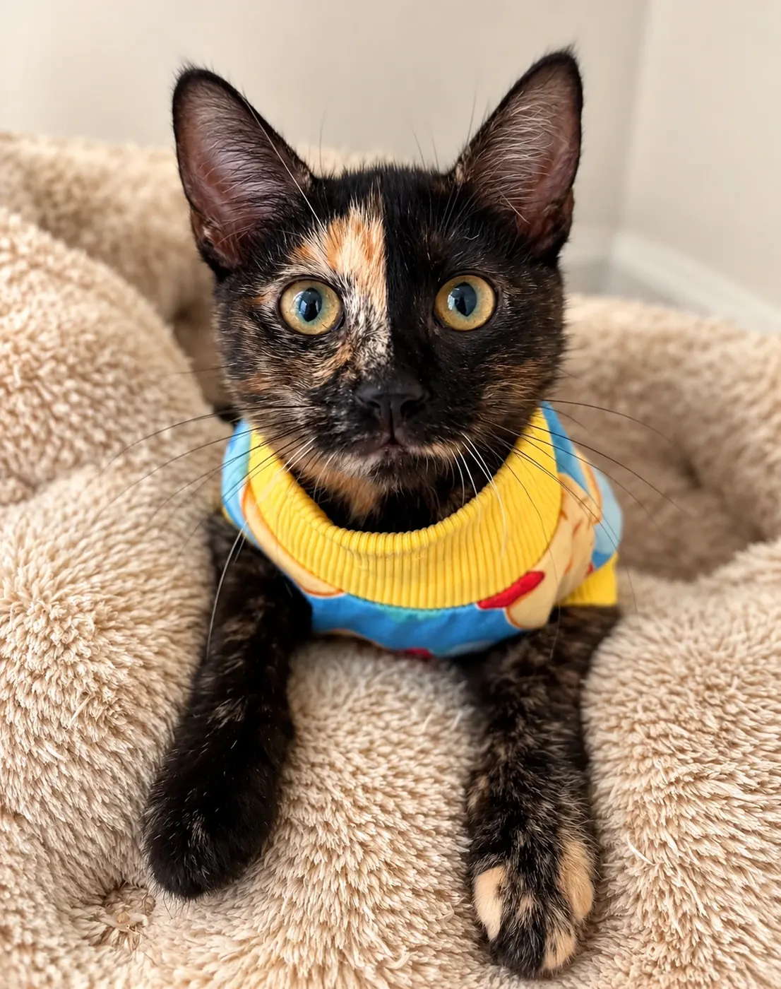 Tortoiseshell cat in a colorful sweater resting in a plush bed