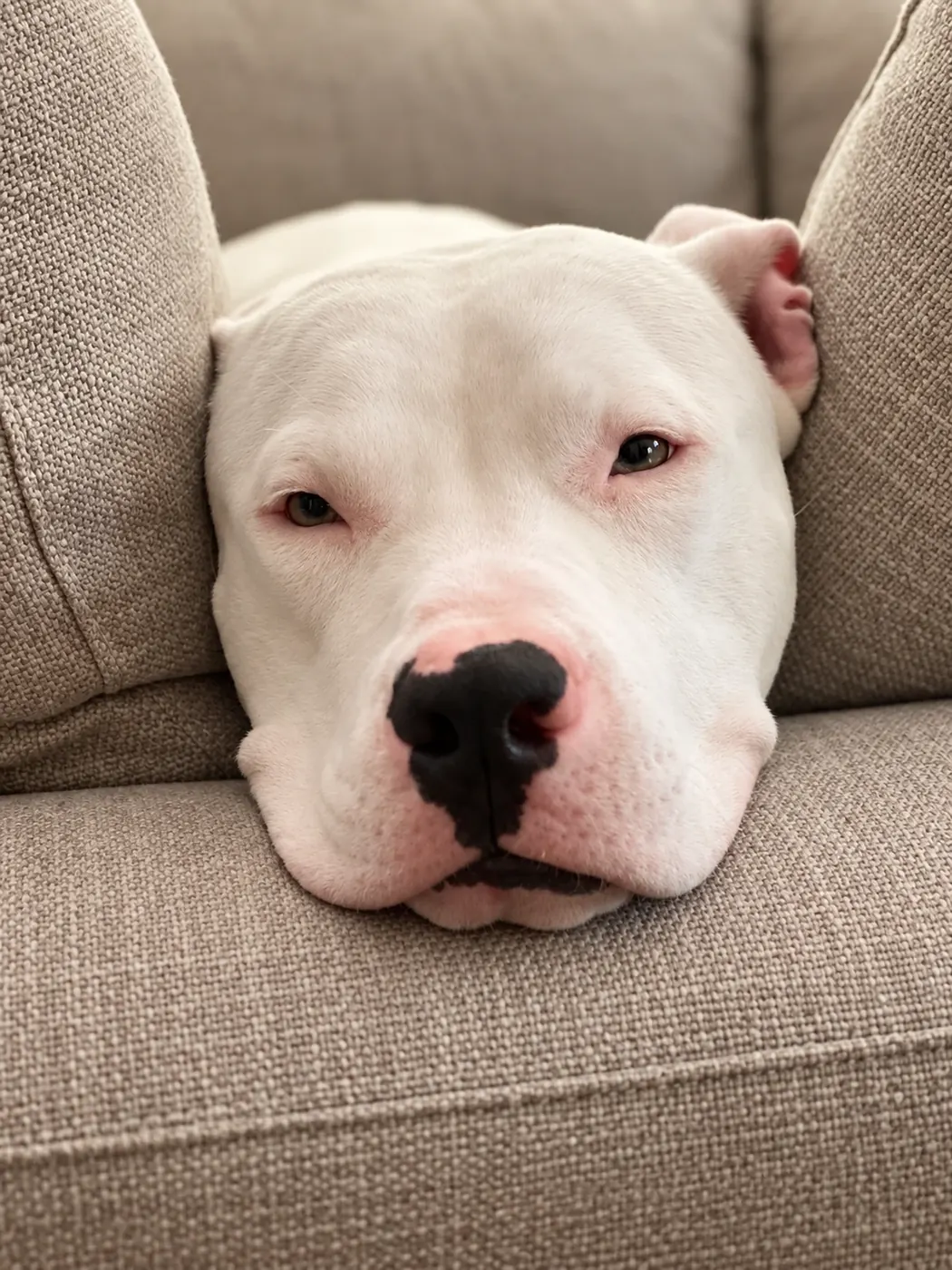 White dog resting its head sleepily on a couch cushion